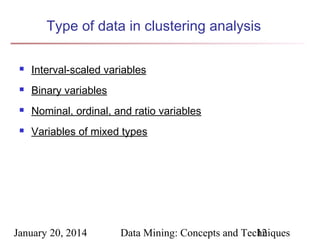 Type of data in clustering analysis


Interval-scaled variables



Binary variables



Nominal, ordinal, and ratio variables



Variables of mixed types

January 20, 2014

Data Mining: Concepts and Techniques
12

 