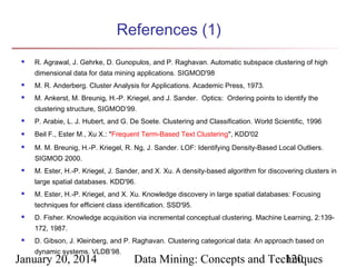 References (1)


R. Agrawal, J. Gehrke, D. Gunopulos, and P. Raghavan. Automatic subspace clustering of high
dimensional data for data mining applications. SIGMOD'98



M. R. Anderberg. Cluster Analysis for Applications. Academic Press, 1973.



M. Ankerst, M. Breunig, H.-P. Kriegel, and J. Sander. Optics: Ordering points to identify the
clustering structure, SIGMOD’99.



P. Arabie, L. J. Hubert, and G. De Soete. Clustering and Classification. World Scientific, 1996



Beil F., Ester M., Xu X.: "Frequent Term-Based Text Clustering", KDD'02



M. M. Breunig, H.-P. Kriegel, R. Ng, J. Sander. LOF: Identifying Density-Based Local Outliers.
SIGMOD 2000.



M. Ester, H.-P. Kriegel, J. Sander, and X. Xu. A density-based algorithm for discovering clusters in
large spatial databases. KDD'96.



M. Ester, H.-P. Kriegel, and X. Xu. Knowledge discovery in large spatial databases: Focusing
techniques for efficient class identification. SSD'95.



D. Fisher. Knowledge acquisition via incremental conceptual clustering. Machine Learning, 2:139172, 1987.



D. Gibson, J. Kleinberg, and P. Raghavan. Clustering categorical data: An approach based on
dynamic systems. VLDB’98.

January 20, 2014

Data Mining: Concepts and Techniques
120

 