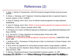 References (2)








V. Ganti, J. Gehrke, R. Ramakrishan. CACTUS Clustering Categorical Data Using Summaries.
KDD'99.
D. Gibson, J. Kleinberg, and P. Raghavan. Clustering categorical data: An approach based on
dynamic systems. In Proc. VLDB’98.
S. Guha, R. Rastogi, and K. Shim. Cure: An efficient clustering algorithm for large databases.
SIGMOD'98.
S. Guha, R. Rastogi, and K. Shim. ROCK: A robust clustering algorithm for categorical attributes. In

ICDE'99, pp. 512-521, Sydney, Australia, March 1999.












A. Hinneburg, D.l A. Keim: An Efficient Approach to Clustering in Large Multimedia Databases with
Noise. KDD’98.
A. K. Jain and R. C. Dubes. Algorithms for Clustering Data. Printice Hall, 1988.
G. Karypis, E.-H. Han, and V. Kumar.
CHAMELEON: A Hierarchical Clustering Algorithm Using Dynamic Modeling. COMPUTER, 32(8):
68-75, 1999.
L. Kaufman and P. J. Rousseeuw. Finding Groups in Data: an Introduction to Cluster Analysis. John
Wiley & Sons, 1990.
E. Knorr and R. Ng. Algorithms for mining distance-based outliers in large datasets. VLDB’98.
G. J. McLachlan and K.E. Bkasford. Mixture Models: Inference and Applications to Clustering. John
Wiley and Sons, 1988.
P. Michaud. Clustering techniques. Future Generation Computer systems, 13, 1997.

R. Ng and J. 2014
January 20,Han. Efficient and effective clustering method for spatial data mining. VLDB'94.
Data Mining: Concepts and Techniques
121


 