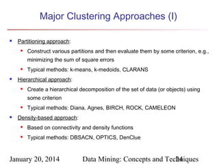 Major Clustering Approaches (I)


Partitioning approach:


Construct various partitions and then evaluate them by some criterion, e.g.,
minimizing the sum of square errors





Typical methods: k-means, k-medoids, CLARANS

Hierarchical approach:


Create a hierarchical decomposition of the set of data (or objects) using
some criterion





Typical methods: Diana, Agnes, BIRCH, ROCK, CAMELEON

Density-based approach:


Based on connectivity and density functions



Typical methods: DBSACN, OPTICS, DenClue

January 20, 2014

Data Mining: Concepts and Techniques
24

 