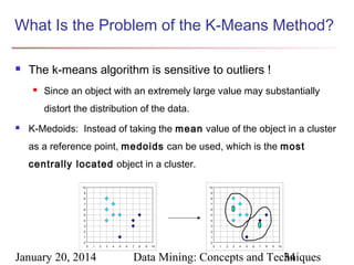 What Is the Problem of the K-Means Method?


The k-means algorithm is sensitive to outliers !


Since an object with an extremely large value may substantially
distort the distribution of the data.



K-Medoids: Instead of taking the mean value of the object in a cluster
as a reference point, medoids can be used, which is the most
centrally located object in a cluster.
10

10

9

9

8

8

7

7

6

6

5

5

4

4

3

3

2

2

1

1

0

0
0

1

January 20, 2014

2

3

4

5

6

7

8

9

10

0

1

2

3

4

5

6

7

8

9

10

Data Mining: Concepts and Techniques
34

 