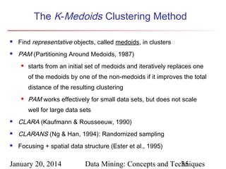 The K-Medoids Clustering Method


Find representative objects, called medoids, in clusters



PAM (Partitioning Around Medoids, 1987)


starts from an initial set of medoids and iteratively replaces one
of the medoids by one of the non-medoids if it improves the total
distance of the resulting clustering



PAM works effectively for small data sets, but does not scale
well for large data sets



CLARA (Kaufmann & Rousseeuw, 1990)



CLARANS (Ng & Han, 1994): Randomized sampling



Focusing + spatial data structure (Ester et al., 1995)

January 20, 2014

Data Mining: Concepts and Techniques
35

 
