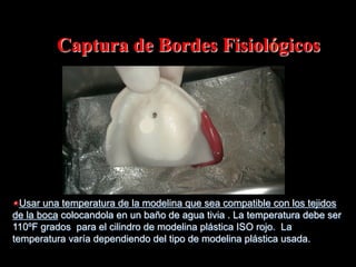 Captura de Bordes Fisiológicos

" Usar una temperatura de la modelina que sea compatible con los tejidos
de la boca colocandola en un baño de agua tivia . La temperatura debe ser
110ºF grados para el cilindro de modelina plástica ISO rojo. La
temperatura varía dependiendo del tipo de modelina plástica usada.

 