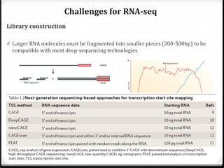 Challenges for RNA-seq
Library construction

0 Larger RNA molecules must be fragmented into smaller pieces (200-500bp) to be
compatible with most deep-sequencing technologies

 RNA fragmentation has little bias over the
transcript body, but is depleted for transcript
ends compared with other methods

 cDNA fragmentation is usually strongly
biased towards the identification of sequences
from the 3’ ends of transcripts

 