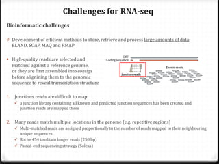 Challenges for RNA-seq
Bioinformatic challenges

0 Development of efficient methods to store, retrieve and process large amounts of data:
ELAND, SOAP, MAQ and RMAP
 High-quality reads are selected and
matched against a reference genome,
or they are first assembled into contigs
before alignining them to the genomic
sequence to reveal transcription structure
1.
2.

Junctions reads are difficult to map:

 a junction library containing all known and predicted junction sequences has been created and

junction reads are mapped there

Many reads match multiple locations in the genome (e.g. repetitive regions)

 Multi-matched reads are assigned proportionally to the number of reads mapped to their neighbouring

unique sequences
 Roche 454 to obtain longer reads (250 bp)
 Paired-end sequencing strategy (Solexa)

 