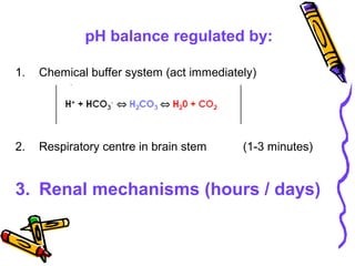 pH balance regulated by:
1. Chemical buffer system (act immediately)
2. Respiratory centre in brain stem (1-3 minutes)
3. Renal mechanisms (hours / days)
 
