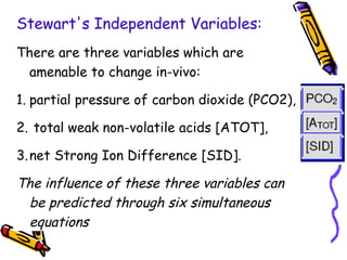 Stewart's Independent Variables:
There are three variables which are
amenable to change in-vivo:
1. partial pressure of carbon dioxide (PCO2),
2. total weak non-volatile acids [ATOT],
3.net Strong Ion Difference [SID].
The influence of these three variables can
be predicted through six simultaneous
equations
 