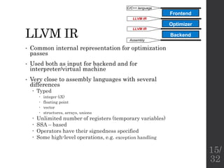LLVM IR
• Common internal representation for optimization
passes
• Used both as input for backend and for
interpreter/virtual machine
• Very close to assembly languages with several
differences
 Typed
 integer (iX)
 floating point
 vector
 structures, arrays, unions
 Unlimited number of registers (temporary variables)
 SSA – based
 Operators have their signedness specified
 Some high-level operations, e.g. exception handling
Frontend
Optimizer
Backend
C/C++ language
LLVM IR
LLVM IR
Assembly
15/
32
 