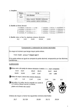 3
Comparación y ordenación de número decimales
Es mayor el número que tenga mayor parte entera.
7,35 > 6,28 porque 7 mayor que 6
Si la parte entera es igual se compara la parte decimal, empezando por las décimas,
centésimas, ..
EJERCICIOS:
Ordena de mayor a menor los siguientes números decimales:
20,7 20,129 20,08 20,13 28,54
 