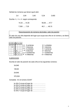 4
Señala los números que tienen igual valor:
3,4 3,04 3,40 0,34 3,400
Escribe >, < o = según corresponda:
14,33 …..14,35 95,06 ….. 47,7
7,350 ….. 7,35 46,1 ….. 46,15
Descomposición de números decimales: valor de posición
El valor de una cifra depende del lugar que ocupa esa cifra en el número y se llama
valor de posición.
C D U d c m
4 0 0 4 centenas U = unidades
4 0 4 decenas D = decenas
4 4 unidades C = centenas
0 4 4 décimas d = décimas
0 0 4 4 centésimas c = centésimas
0 0 0 4 4 milésimas m = milésimas
EJERCICIOS:
Escribe el valor de posición de cada cifra en los siguientes números:
34,048
126,82
24,648
372,524
Completa: En el número 32,647
la cifra 3 ocupa el lugar de ……………………
la cifra 2 ocupa el lugar de ……………………
la cifra 6 ocupa el lugar de ……………………
la cifra 4 ocupa el lugar de ……………………
la cifra 7 ocupa el lugar de ……………………
 