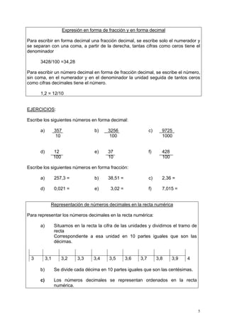 5
Expresión en forma de fracción y en forma decimal
Para escribir en forma decimal una fracción decimal, se escribe solo el numerador y
se separan con una coma, a partir de la derecha, tantas cifras como ceros tiene el
denominador
3428/100 =34,28
Para escribir un número decimal en forma de fracción decimal, se escribe el número,
sin coma, en el numerador y en el denominador la unidad seguida de tantos ceros
como cifras decimales tiene el número.
1,2 = 12/10
EJERCICIOS:
Escribe los siguientes números en forma decimal:
a) 357 b) 3256 c) 9725
10 100 1000
d) 12 e) 37 f) 428
100 10 100
Escribe los siguientes números en forma fracción:
a) 257,3 = b) 38,51 = c) 2,36 =
d) 0,021 = e) 3,02 = f) 7,015 =
Representación de números decimales en la recta numérica
Para representar los números decimales en la recta numérica:
a) Situamos en la recta la cifra de las unidades y dividimos el tramo de
recta
Correspondiente a esa unidad en 10 partes iguales que son las
décimas.
3 3,1 3,2 3,3 3,4 3,5 3,6 3,7 3,8 3,9 4
b) Se divide cada décima en 10 partes iguales que son las centésimas.
c) Los números decimales se representan ordenados en la recta
numérica.
 