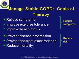  Relieve symptoms
 Improve exercise tolerance
 Improve health status
 Prevent disease progression
 Prevent and treat exacerbations
 Reduce mortality
Reduce
symptoms
Reduce
risk
Manage Stable COPD: Goals of
Therapy
© 2013 Global Initiative for Chronic Obstructive Lung Disease
 