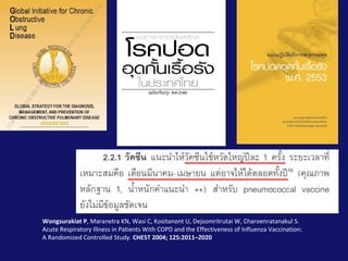 Wongsurakiat P, Maranetra KN, Wasi C, Kositanont U, Dejsomritrutai W, Charoenratanakul S.
Acute Respiratory Illness in Patients With COPD and the Effectiveness of Influenza Vaccination:
A Randomized Controlled Study. CHEST 2004; 125:2011–2020
 