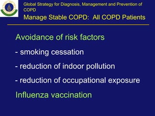 Avoidance of risk factors
- smoking cessation
- reduction of indoor pollution
- reduction of occupational exposure
Influenza vaccination
Global Strategy for Diagnosis, Management and Prevention of
COPD
Manage Stable COPD: All COPD Patients
 