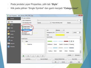 Pada jendela Layer Properties, pilih tab “Style” 
Kilk pada pilihan “Single Symbol” dan ganti menjadi “Categorized” 
 