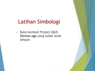 Latihan Simbologi 
Buka kembali Project QGIS 
Sleman.qgs yang sudah Anda 
simpan 
 