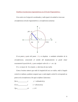 9
Establecer las funciones trigonométricas en el Círculo Trigonométrico:
Con centro en el origen de coordenadas y radio igual a la unidad se traza una
circunferencia (círculo trigonométrico o circunferencia unitaria)
y
p(x , y)
1
y α A
mx 0 (1,0) x
Si un punto p parte del punto A y se desplaza α unidades alrededor de la
circunferencia, conociendo el sentido del desplazamiento se puede situar
exactamente la posición de p para cualquier valor de α = arc. Ap.
Si α es mayor de 2π, el punto p dará mas de una vuelta.
Como el mismo número que mide la longitud del arco en radios, mide el ángulo
central en radianes, podemos asegurar que a cada ángulo central le corresponde un
punto en la circunferencia. De aquí se definen 3 funciones:
Sen α____________ y y = ordenada de p
Cos α____________x x = abscisa de p
Tg α_____________y/x x ≠ 0
 