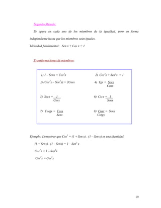 19
Segundo Método:
Se opera en cada uno de los miembros de la igualdad, pero en forma
independiente hasta que los miembros sean iguales.
Identidad fundamental: Sen x + Cos x = 1
Transformaciones de miembros:
1) 1 – Senx = Cos2
x 2) Cos2
x + Sen2
x = 1
3) (Cos2
x – Sen2
x) = 2Cosx 4) Tgx = Senx
Cosx
5) Secx = 1 6) Cscx = 1
Cosx Senx
7) Cotgx = Cosx 8) Cosx = Senx
Senx Cotgx
Ejemplo: Demostrar que Cos2
= (1 + Sen x) . (1 – Sen x) es una identidad.
(1 + Senx) . (1 – Senx) = 1 – Sen2
x
Cos2
x = 1 – Sen2
x
Cos2
x = Cos2
x
 