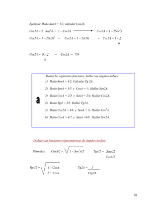 30
Ejemplo: Dado SenA = 1/3, calcular Cos2A.
Cos2A = 2 . Sen2
A = 1 – Cos2A Cos2A = 1 – 2Sen2
A
Cos2A = 1 – 2(1/3)2
= Cos2A = 1 – 2(1/9) = Cos2A = 1 – 2
9
Cos2A = 9 – 2 = Cos2A = 7/9
9
Dadas las siguientes funciones, hallar sus ángulos dobles:
1) Dado SenA = 4/5. Calcular Tg 2A.
2) Dado SenA = 3/5 y CosA = ½. Hallar Sen2A.
3) Dado CosA = 2/3 y SenA = 2/4. Hallar Cos2A.
4) Dado TgA = 3/5. Hallar Tg2A.
5) Dado Cos2A = 4/6 y SenA = ¼. Hallar Cos2
A.
6) Dado CosA = 4/7 y SenA =6/8 . Hallar Sen2A.
Deducir las funciones trigonométricas de ángulos medios:
Fórmulas: CosA/2 = 1 – Sen2
A/2 TgA/2 = SenA/2
CosA/2
TgA/2 = 1 – CosA Tg2A = 1
1 + CosA Ctg2A
 