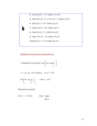 32
4) Dado SenA/2 = 2/5. Hallar Cos A/2.
5) Dado Sen A/2 = 6 y Cos A/2 = 5. Hallar Tg A/2
6) Dado Cos A = 6/7. Hallar Tg A/2.
7) Dado Ctg 2A = 4/6 . Hallar Tg 2A.
8) Dado Tg 2A = 2/3. Hallar Sen 2A.
9) Dado Sen 2A = 1/3. Hallar Cos 2A.
10) Dado Cos A = 2/4. Hallar Sen A/2.
Simplificar las expresiones trigonométricas:
1) Simplificar la expresión Sen arc sen √3
2
α = arc sen √3/2 Entonces sen α = √3/2
Sen arc sen √3 = Sen α = √3/2
2
Expresiones de ayuda:
Cos2
α = 1 – Sen2
α Ctgα = Cosα
Sen α
 
