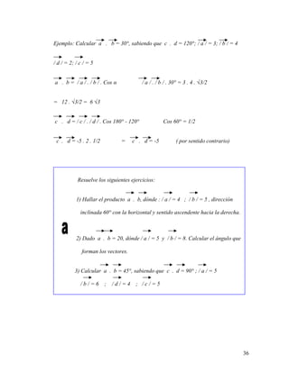 36
Ejemplo: Calcular a . b = 30°, sabiendo que c . d = 120°; / a / = 3; / b / = 4
/ d / = 2; / c / = 5
a . b = / a / . / b / . Cos α / a / . / b / . 30° = 3 . 4 . √3/2
= 12 . √3/2 = 6 √3
c . d = / c / . / d / . Cos 180° - 120° Cos 60° = 1/2
c . d = -5 . 2 . 1/2 = c . d = -5 ( por sentido contrario)
Resuelve los siguientes ejercicios:
1) Hallar el producto a . b, dónde : / a / = 4 ; / b / = 5 , dirección
inclinada 60° con la horizontal y sentido ascendente hacia la derecha.
2) Dado a . b = 20, dónde / a / = 5 y / b / = 8. Calcular el ángulo que
forman los vectores.
3) Calcular a . b = 45°, sabiendo que c . d = 90° ; / a / = 5
/ b / = 6 ; / d / = 4 ; / c / = 5
 