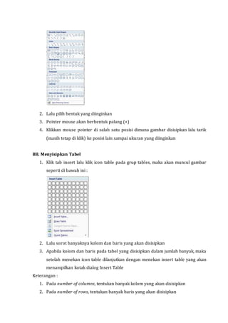 2. Lalu pilih bentuk yang diinginkan
3. Pointer mouse akan berbentuk palang (+)
4. Klikkan mouse pointer di salah satu posisi dimana gambar disisipkan lalu tarik
(masih tetap di klik) ke posisi lain sampai ukuran yang diinginkan
BB. Menyisipkan Tabel
1. Klik tab insert lalu klik icon table pada grup tables, maka akan muncul gambar
seperti di bawah ini :
2. Lalu sorot banyaknya kolom dan baris yang akan disisipkan
3. Apabila kolom dan baris pada tabel yang disisipkan dalam jumlah banyak, maka
setelah menekan icon table dilanjutkan dengan menekan insert table yang akan
menampilkan kotak dialog Insert Table
Keterangan :
1. Pada number of columns, tentukan banyak kolom yang akan disisipkan
2. Pada number of rows, tentukan banyak baris yang akan disisipkan
 