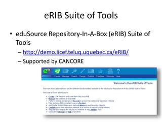 eRIB Suite of Tools
• eduSource Repository-In-A-Box (eRIB) Suite of
Tools
– http://demo.licef.teluq.uquebec.ca/eRIB/
– Supported by CANCORE
 