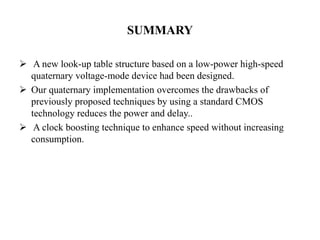 SUMMARY
 A new look-up table structure based on a low-power high-speed
quaternary voltage-mode device had been designed.
 Our quaternary implementation overcomes the drawbacks of
previously proposed techniques by using a standard CMOS
technology reduces the power and delay..
 A clock boosting technique to enhance speed without increasing
consumption.
 