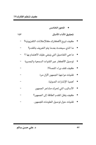 !!‫أفكارك؟‬ ‫تنظم‬ ‫كيف‬
5757‫سامل‬ ‫حسن‬ ‫علي‬ .‫د‬‫سامل‬ ‫حسن‬ ‫علي‬ .‫د‬
‫ر‬ ‫تحمل‬‫تخلامس‬
‫تألمال‬ ‫تألدتء‬ ‫حتليق‬143
‫ألفكارك‬ ‫ترد‬ ‫كي‬‫ك‬‫يونية؟‬ ‫التل‬ ‫اإلعًنات‬-
‫؟‬ ‫باملقد‬ ‫التةري‬ ‫يتم‬ ‫بةدما‬ ‫بيحدم‬ ‫الذي‬ ‫ما‬-
‫غي‬ ‫يا‬ ‫اليت‬ ‫يل‬ ‫ا‬ ‫الت‬ ‫هي‬ ‫ما‬‫؟‬ ‫بها‬ ‫االهتما‬ ‫علي‬-
‫صرية‬ ‫دال‬ ‫السمةية‬ ‫القاوات‬ ‫ع‬ ‫األفكار‬ ‫يل‬ ‫تو‬-
!‫املاصة؟‬ ‫دراء‬ ‫تق‬ ‫كي‬-
‫مرة‬ ‫ألدل‬ ‫اجلمهور‬ ‫مواجهة‬ ‫تقايات‬-
.‫الصوتية‬ ‫اإلشارات‬ ‫أهمية‬-
‫اجلمهور‬ ‫مساعر‬ ‫حترك‬ ‫اليت‬ ‫األباليب‬-
‫كي‬‫ا‬ ‫ياقل‬‫اجلمهور؟‬ ‫إىل‬ ‫الطاقة‬ ‫ملقد‬-
‫املةل‬ ‫يل‬ ‫تو‬ ‫حول‬ ‫تقايات‬.‫مهور‬ ‫لل‬ ‫ومات‬-
 