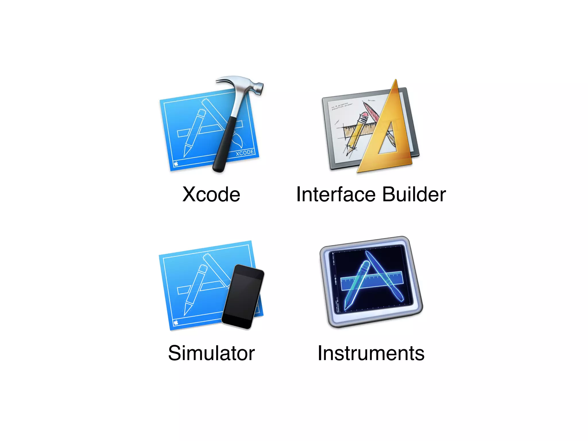 Xcode
Simulator
Interface Builder
Instruments
 