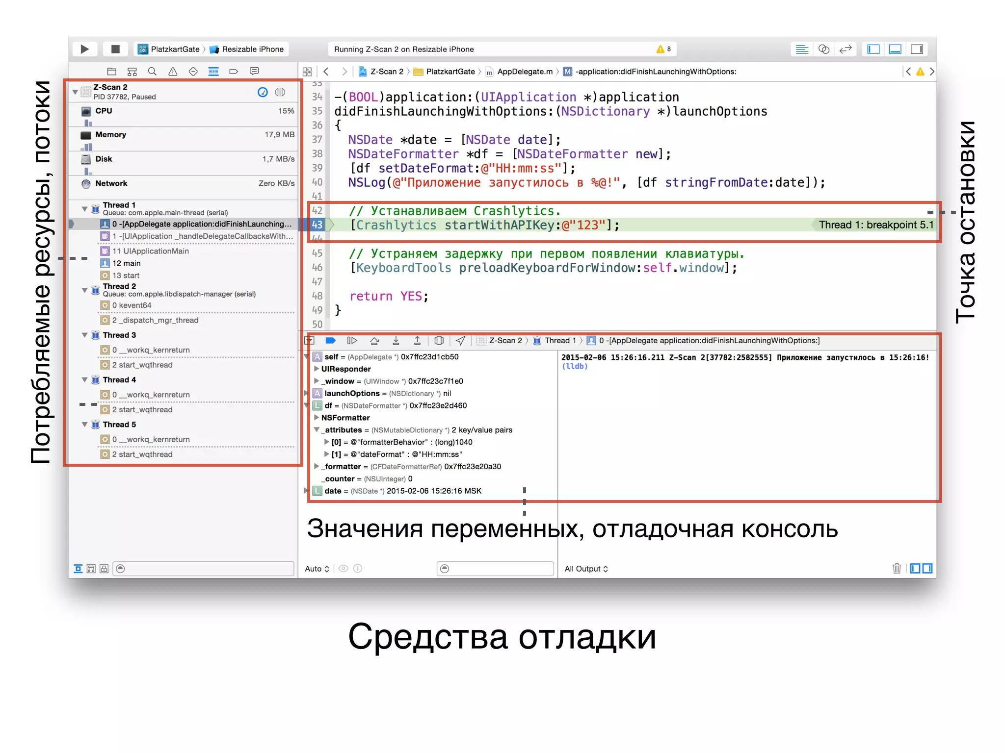 Средства отладки
Точкаостановки
Потребляемыересурсы,потоки
Значения переменных, отладочная консоль
 
