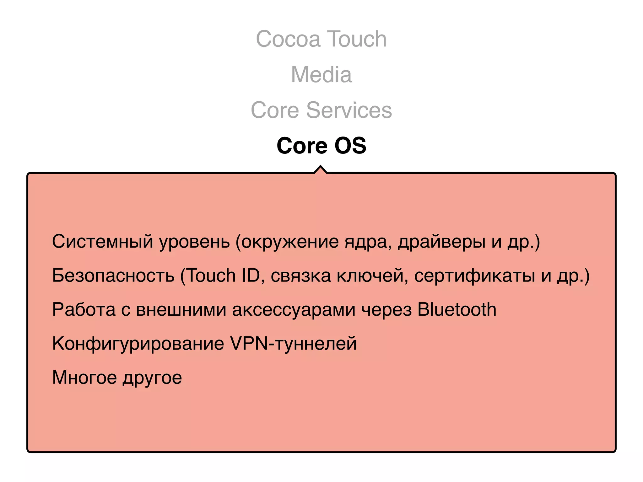 Core Services
Core OS
Media
Cocoa Touch
Системный уровень (окружение ядра, драйверы и др.)
Безопасность (Touch ID, связка ключей, сертификаты и др.)
Работа с внешними аксессуарами через Bluetooth
Конфигурирование VPN-туннелей
Многое другое
 