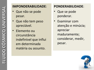 IMPONDERABILIDADE:
• Que não se pode
pesar.
• Que não tem peso
apreciável.
• Elemento ou
circunstância
indefinível que influi
em determinada
matéria ou assunto.
PONDERABILIDADE:
• Que se pode
ponderar.
• Examinar com
atenção e minúcia;
apreciar
maduramente;
considerar, medir,
pesar.
9
FLUIDOCÓSMICOUNIVERSALFLUIDOCÓSMICOUNIVERSAL
 