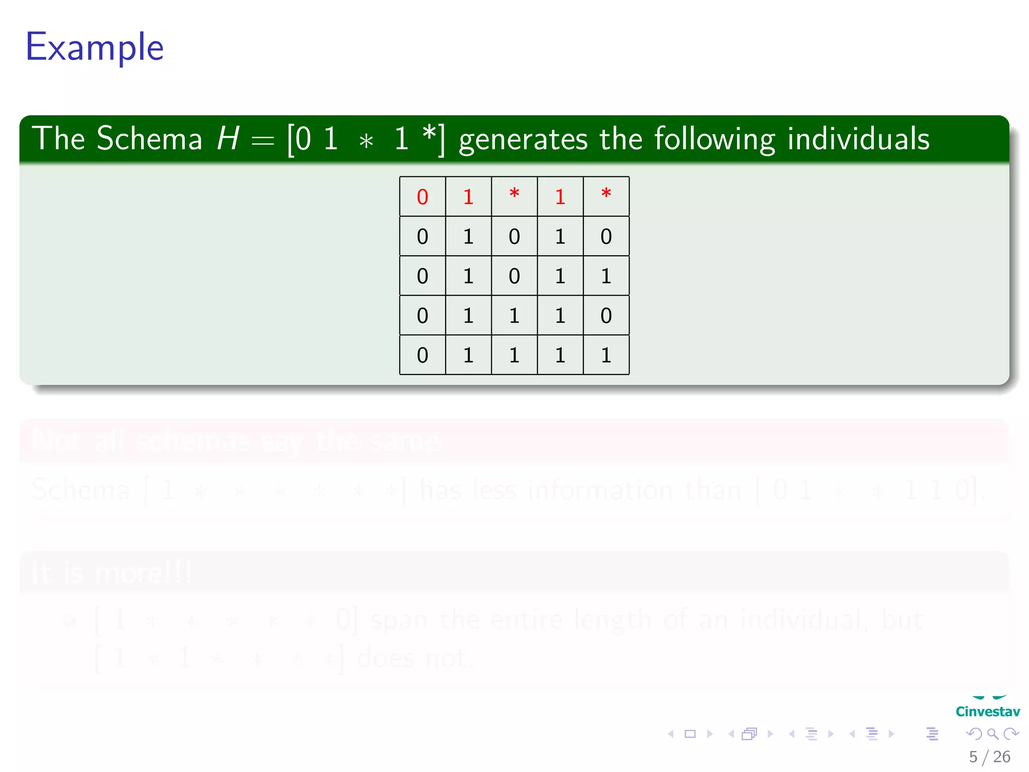 Example
The Schema H = [0 1 ∗ 1 *] generates the following individuals
0 1 * 1 *
0 1 0 1 0
0 1 0 1 1
0 1 1 1 0
0 1 1 1 1
Not all schemas say the same
Schema [ 1 ∗ ∗ ∗ ∗ ∗ ∗] has less information than [ 0 1 ∗ ∗ 1 1 0].
It is more!!!
[ 1 ∗ ∗ ∗ ∗ ∗ 0] span the entire length of an individual, but
[ 1 ∗ 1 ∗ ∗ ∗ ∗] does not.
6 / 37
 