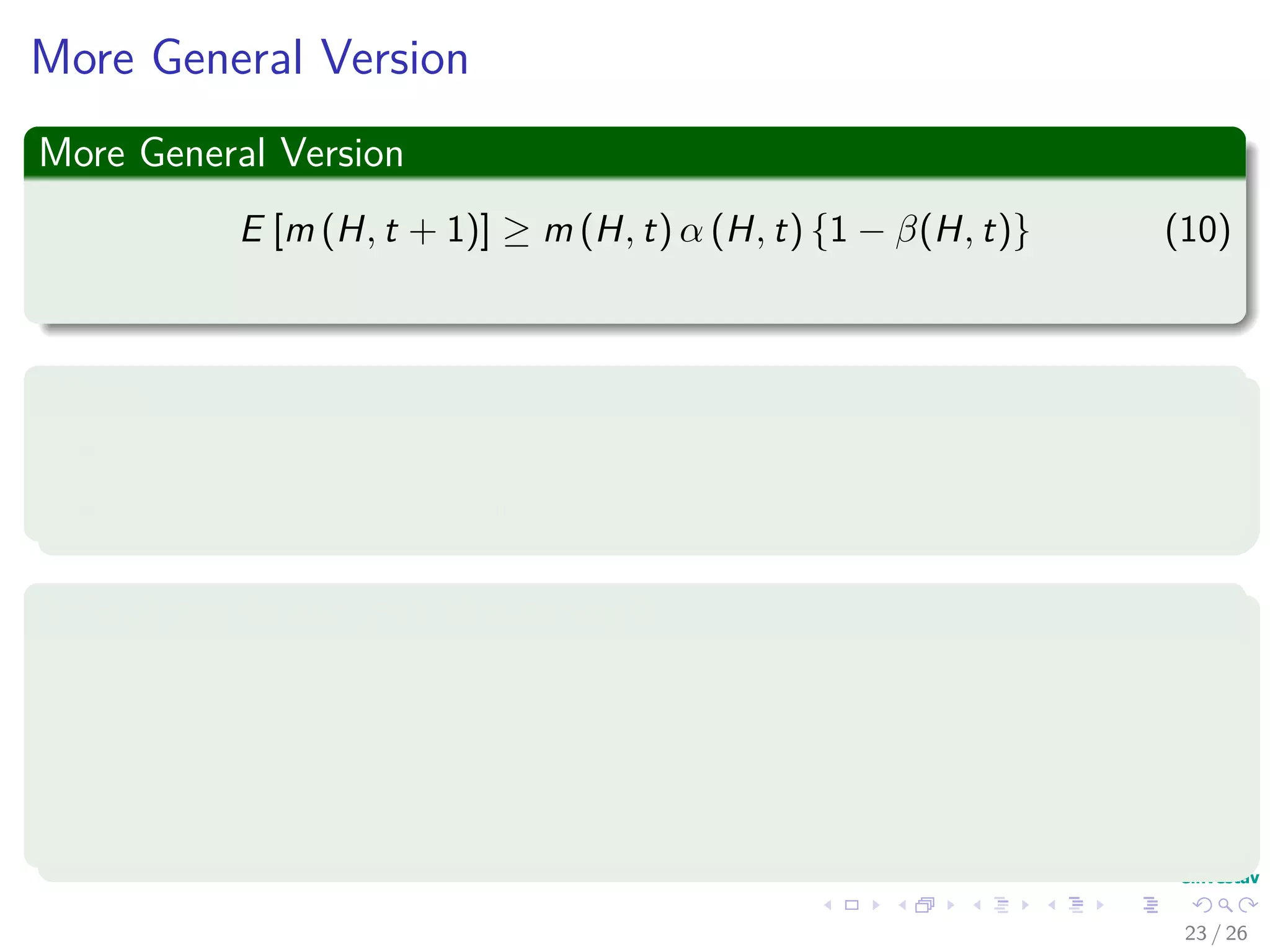 Now, we have
Lemma 3
Under single point crossover, the (lower bound) probability of schema H
surviving at generation t is,
Pcrossover (H survive) =1 − Pcrossover (H does not survive)
=1 − pc
δ(H)
l − 1
Pdiﬀ (H, t)
Where
Pdiﬀ (H, t) is the probability that the second parent does not
match schema H.
pc is the a priori selected threshold of applying crossover.
24 / 37
 