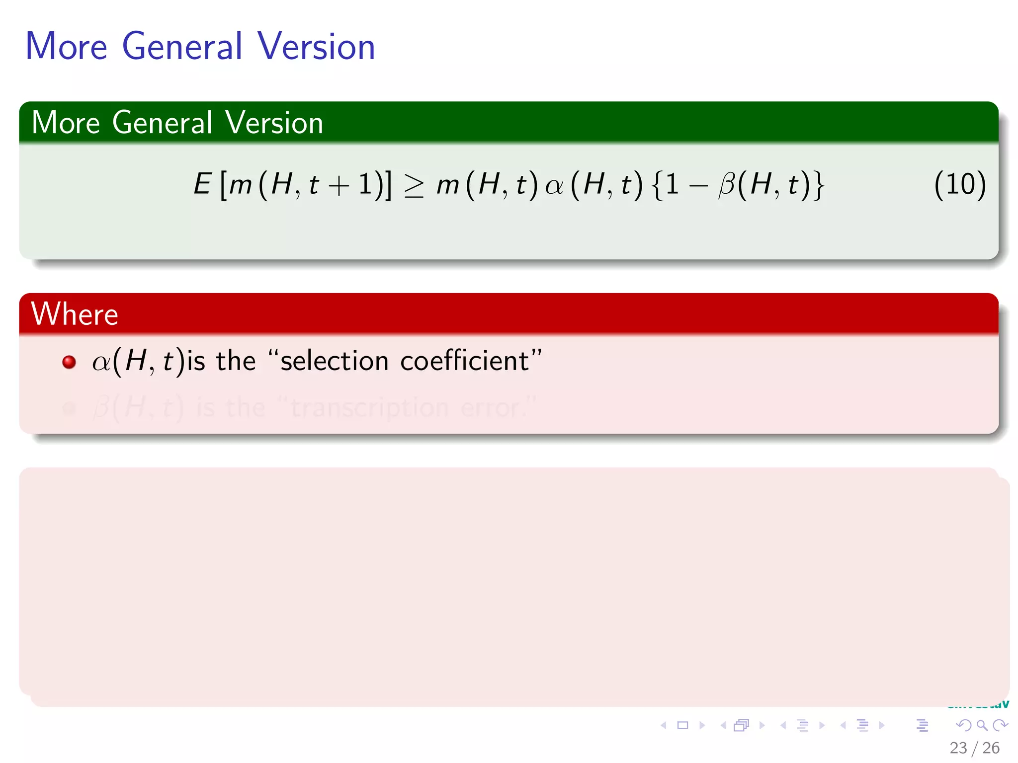 Now, we have
Lemma 3
Under single point crossover, the (lower bound) probability of schema H
surviving at generation t is,
Pcrossover (H survive) =1 − Pcrossover (H does not survive)
=1 − pc
δ(H)
l − 1
Pdiﬀ (H, t)
Where
Pdiﬀ (H, t) is the probability that the second parent does not
match schema H.
pc is the a priori selected threshold of applying crossover.
24 / 37
 