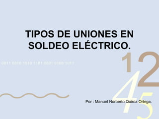 4210011 0010 1010 1101 0001 0100 1011
TIPOS DE UNIONES EN
SOLDEO ELÉCTRICO.
Por : Manuel Norberto Quiroz Ortega.
 