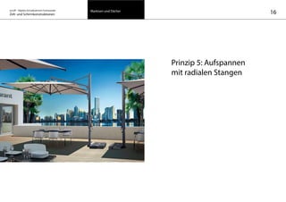 16on/off – Objekte mit kalkuliertem Formwandel
Zelt- und Schirmkonstruktionen
Prinzip 5: Aufspannen
mit radialen Stangen
Markisen und Dächer
 