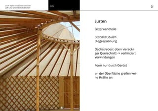 on/off – Objekte mit kalkuliertem Formwandel
Zelt- und Schirmkonstruktionen 3Zelte
Jurten
Gitterwandteile
Stabilität durch
Biegespannung
Dachstreben: oben vierecki-
ger Querschnitt -> verhindert
Verwindungen
Form nur durch Gerüst
an der Oberfläche greifen kei-
ne Kräfte an
 