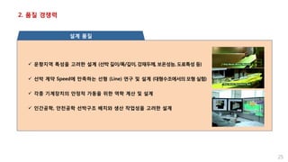 2. 품질 경쟁력
25
 운항지역 특성을 고려한 설계 (선박 길이/폭/깊이, 강재두께, 보온성능, 도료특성 등)
 선박 계약 Speed에 만족하는 선형 (Line) 연구 및 설계 (대형수조에서의 모형 실험)
 각종 기계장치의 안정적 가동을 위한 역학 계산 및 설계
 인간공학, 안전공학 선박구조 배치와 생산 작업성을 고려한 설계
설계 품질
 