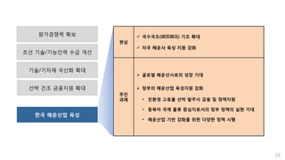 선박 건조 금융지원 확대
기술/기자재 국산화 확대
33
원가경쟁력 확보
조선 기술/기능인력 수급 개선
한국 해운산업 육성
현상
 국수국조(國需國造) 기조 확대
 자국 해운사 육성 지원 강화
추진
과제
 글로벌 해운선사로의 성장 기대
 정부의 해운산업 육성지원 강화
• 친환경 고효율 선박 발주시 금융 및 정책지원
• 동북아 국제 물류 중심지로서의 정부 정책의 실현 기대
• 해운산업 기반 강화를 위한 다양한 정책 시행
 