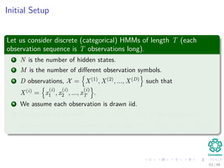 Initial Setup
Let us consider discrete (categorical) HMMs of length T (each
observation sequence is T observations long).
1 N is the number of hidden states.
2 M is the number of diﬀerent observation symbols.
3 D observations, X = X(1), X(2), ..., X(D) such that
X(i) = x
(i)
1 , x
(i)
2 , ..., x
(i)
T .
4 We assume each observation is drawn iid.
5 Finally, we are given Ω = Ω(1), Ω(2), ..., Ω(D) one sequence of
hidden states per observation, such that Ω(i) = ω
(i)
1 , ω
(i)
2 , ..., ω
(i)
T .
63 / 99
 