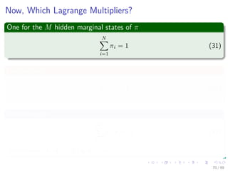Now, Which Lagrange Multipliers?
One for the M hidden marginal states of π
N
i=1
πi = 1 (31)
One for each i
N
j=1
aij = 1 (32)
One for each i
M
k=1
bi (k) = 1 (33)
Remember: bi (k) = P (xk|qt = ωi)
70 / 99
 