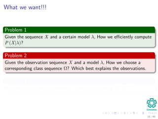 What we want!!!
Problem 1
Given the sequence X and a certain model λ, How we eﬃciently compute
P (X|λ)?
Problem 2
Given the observation sequence X and a model λ, How we choose a
corresponding class sequence Ω? Which best explains the observations.
Problem 3
How do we ajust the parameters of the λ to maximize P (X|λ)?
16 / 99
 