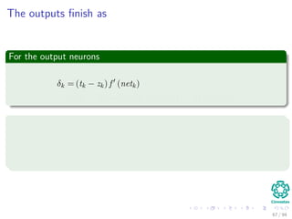 The outputs ﬁnish as
For the output neurons
δk = (tk − zk) f (netk)
= (tk − fk (vk (n))) fk (vk (n)) (1 − fk (vk (n)))
For the hidden neurons
δj =fj (vj (n)) (1 − fj (vj (n)))
c
k=1
wkjδk
67 / 94
 