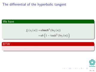 The diﬀerential of the hyperbolic tangent
We have
fj (vj (n)) =absech2
(bvj (n))
=ab 1 − tanh2
(bvj (n))
BTW
I leave to you to ﬁgure out the outputs.
69 / 94
 