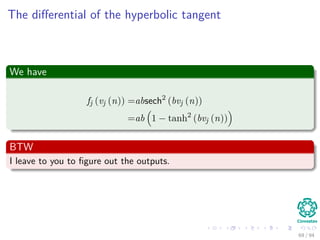 The diﬀerential of the hyperbolic tangent
We have
fj (vj (n)) =absech2
(bvj (n))
=ab 1 − tanh2
(bvj (n))
BTW
I leave to you to ﬁgure out the outputs.
69 / 94
 
