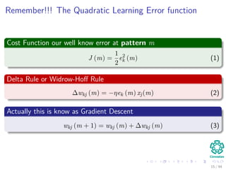 Remember!!! The Quadratic Learning Error function
Cost Function our well know error at pattern m
J (m) =
1
2
e2
k (m) (1)
Delta Rule or Widrow-Hoﬀ Rule
∆wkj (m) = −ηek (m) xj(m) (2)
Actually this is know as Gradient Descent
wkj (m + 1) = wkj (m) + ∆wkj (m) (3)
15 / 94
 