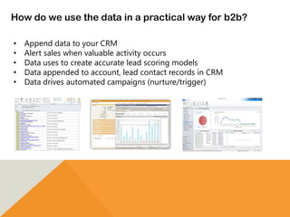 • Append data to your CRM
• Alert sales when valuable activity occurs
• Data uses to create accurate lead scoring models
• Data appended to account, lead contact records in CRM
• Data drives automated campaigns (nurture/trigger)
How do we use the data in a practical way for b2b?
 
