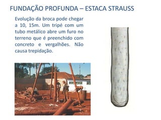 Evolução da broca pode chegar
a 10, 15m. Um tripé com um
tubo metálico abre um furo no
terreno que é preenchido com
concreto e vergalhões. Não
causa trepidação.
FUNDAÇÃO PROFUNDA – ESTACA STRAUSS
 